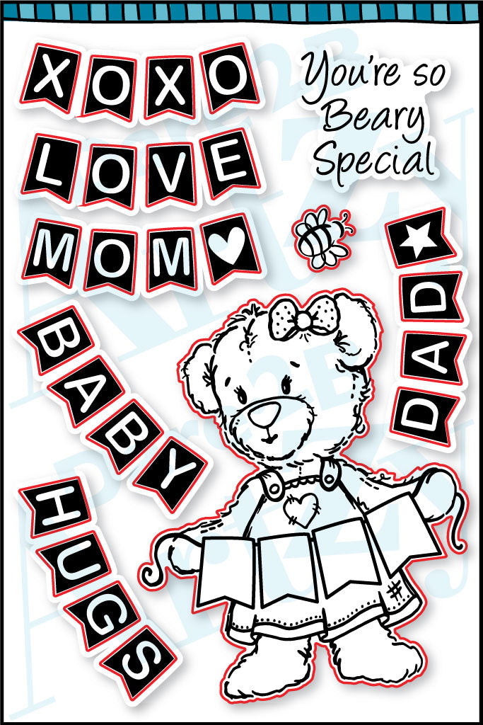 This sweet bear and her banner are ready to brighten up any card or scrapbook page. All the pennant clear stamp sentiments can be stamped directly into the pennant she is holding. By Dare 2B Artzy.