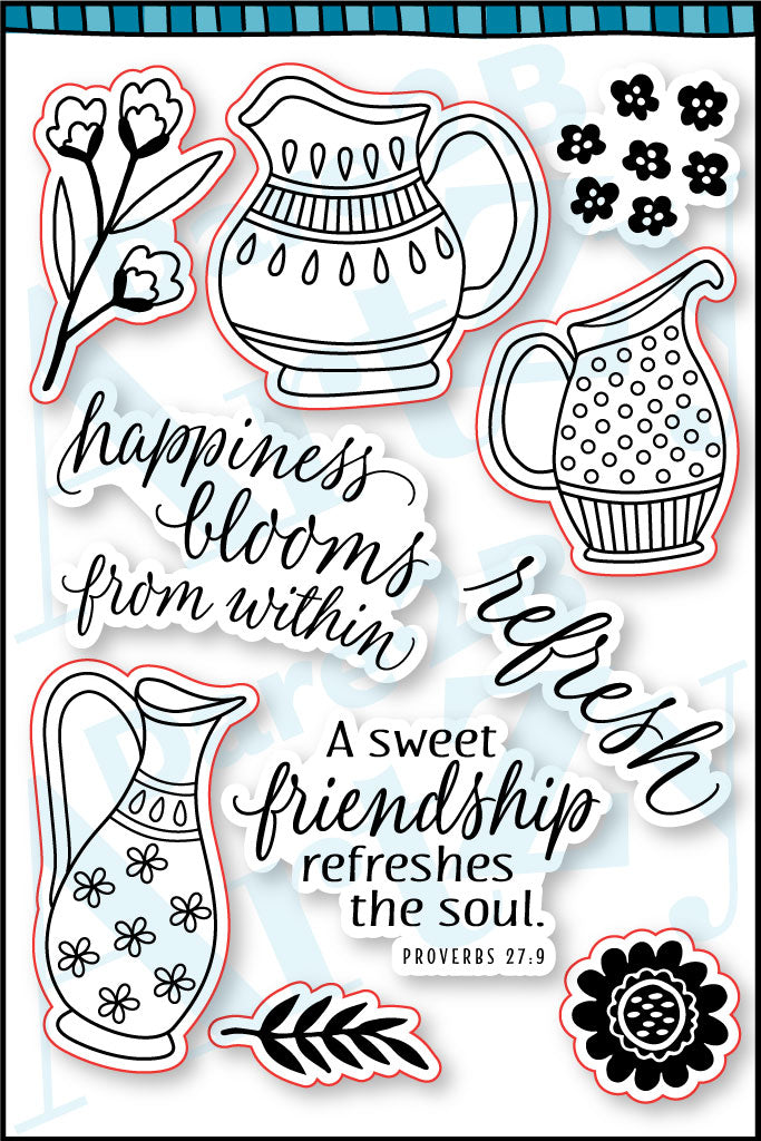 Bring a smile to your loved ones' faces with this set of whimsical pitchers, refreshing sentiments and four elements to create a floral bouquet. This clear stamp set is part of our Summertime Petals Collection, designed by Andie Hanna. Produced by Dare 2B Artzy.