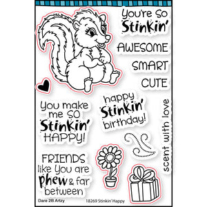 One of two of our stinkin' adorable skunk stamp sets.  Both use the same coordinating die.  We have added a gift, flower, heart and even smelly swirls to give you plenty of options. By Dare 2B Artzy. 