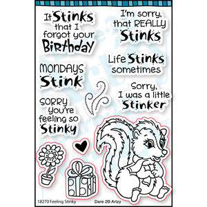 One of two of our stinkin' adorable skunk stamp sets. Both use the same coordinating die.  We have added a fun little scarf, gift, flower and even smelly swirls to give you plenty of options. By Dare 2B Artzy. 