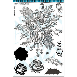 Part of the Holiday Bouquet Collection by Andie Hanna, this holiday rose is beautiful all year round. The single rose and the holly branch have layered stamps for a great look and easy coloring. By Dare 2B Artzy.