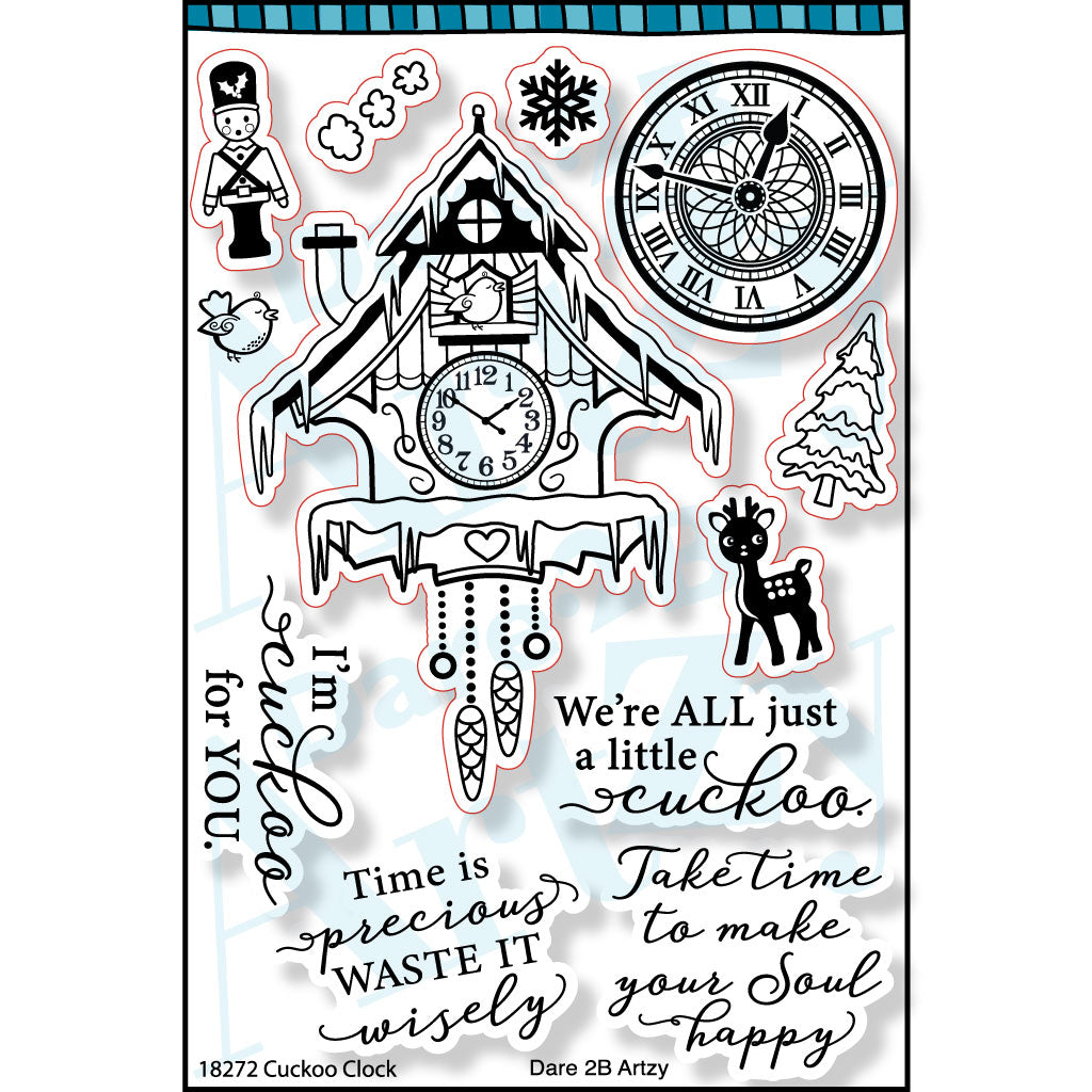 Time flies when you're making festive winter cards! The tiny soldier, deer, and tree can be die cut and set on the ledge of the clock for added whimsy.  This clear stamp set is made by Dare 2B Artzy.