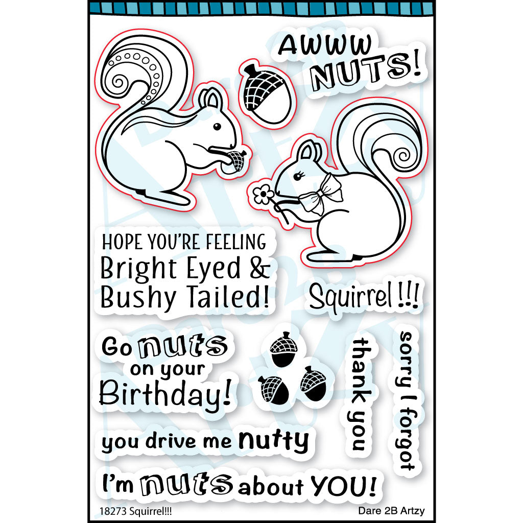 Go nuts for these sweet squirrels and silly sentiments! Don't get distracted with all the options for fun fall cards! Part of our Fall Harvest Paper Collection. Clear Stamp set made by Dare 2B Artzy. 