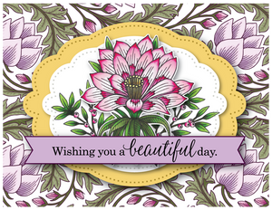 Handmade beautiful lotus flower card made with Lotus Bloom clear Stamp set coordinates with the die cut, "Lotus" from Dare 2B Artzy.
