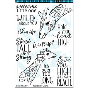 Stamp set including an image of a mom and baby giraffe for cards about encouragement or baby showers. Some sentiments include, "Welcome little one", "Hold your head high" and "Wild about you".