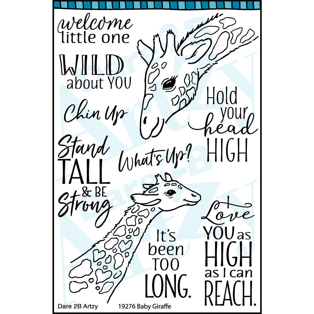 Reach across the miles to express your love and support.  This sweet giraffe duo and the encouraging sentiments will remind your loved ones that you will always be there. Clear stamps created by Dare 2B Artzy.