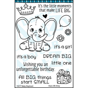 Stamp set including an image of a baby elephant and sentiments for birthdays, baby showers and gender reveals. Complete with images of a crown, balloon, flowers and a gift.