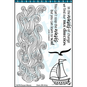 Stamp set including curling waves and a sailboat with encouraging sentiments such as, "In the waves of change we find our true direction".