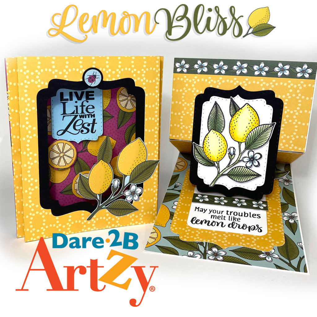 Handmade cards with lemons and sentiments including, "Live life with zest".  These two cards are made with the stamp set "Lemon Zest" from Dare 2B Artzy.