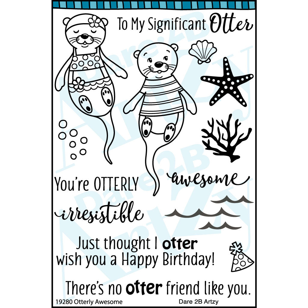 Stamp set includes an otter couple and sentiments for birthdays and encouragement. This collection also includes cute seascape background elements so you can add bubbles, waves, starfish and shells. Stamp set coordinates with the die cut, "Otters" from Dare 2B Artzy.