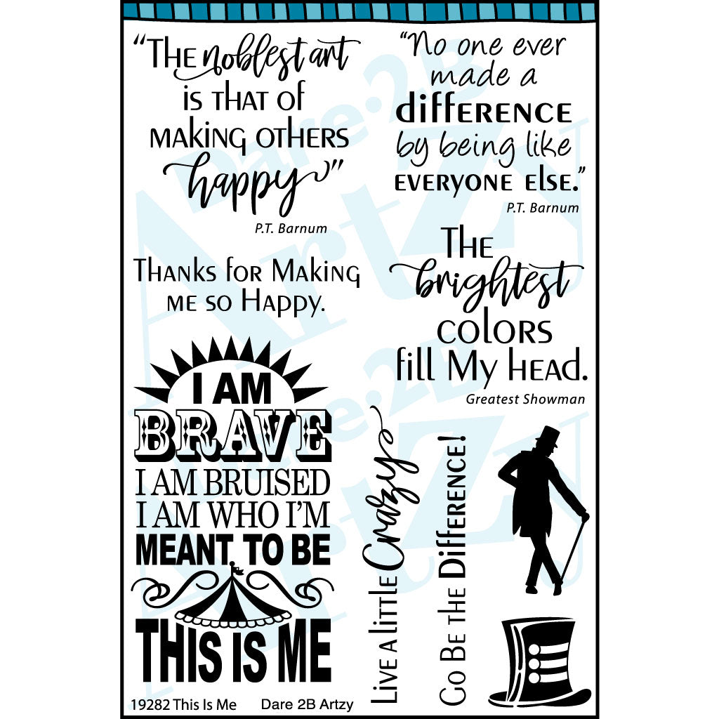 Stamp set with sentiments inspired from the film "The Greatest Showman". This collection of inspiring thoughts from P.T. Barnum would be perfect for recent graduates or anyone daring to live their dreams. Sentiments include, "The brightest colors fill my head" and "The noblest art is that of making others happy".