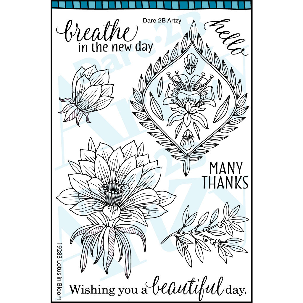 Stamp set with beautiful lotus flowers in bloom and uplifting sentiments.  Stamp set coordinates with the die cut, "Lotus" from Dare 2B Artzy.