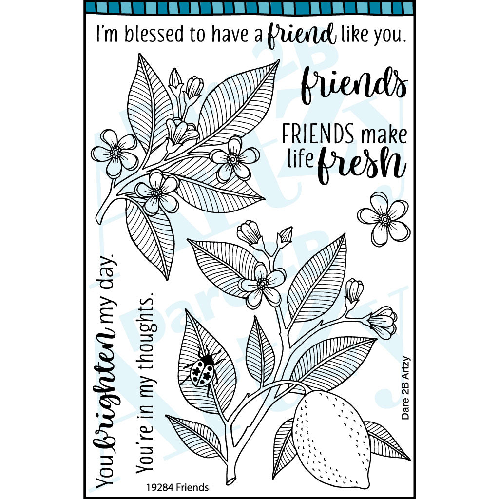 Stamp set includes images of flowers and a lemon with sentiments to send to brighten someones day.  Sentiments include, "Friends make life fresh" and "I'm blessed to have a friend like you".  Stamp set coordinates with the die cut, "Lemon Bouquet" from Dare 2B Artzy.