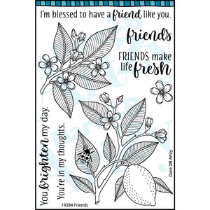 Stamp set includes images of flowers and a lemon with sentiments to send to brighten someones day. Sentiments include, "Friends make life fresh" and "I'm blessed to have a friend like you". Stamp set coordinates with the die cut, "Lemon Bouquet" from Dare 2B Artzy.