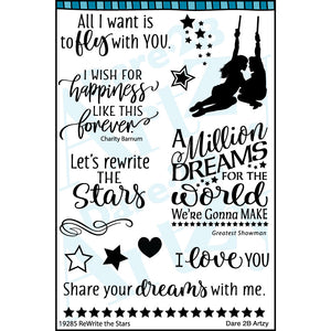 Stamp set with sentiments inspired from the film "The Greatest Showman" with sentiments of love and encouragement.  Some sentiments include, "A million dreams for the world we're gonna make" and "Let's rewrite the stars".