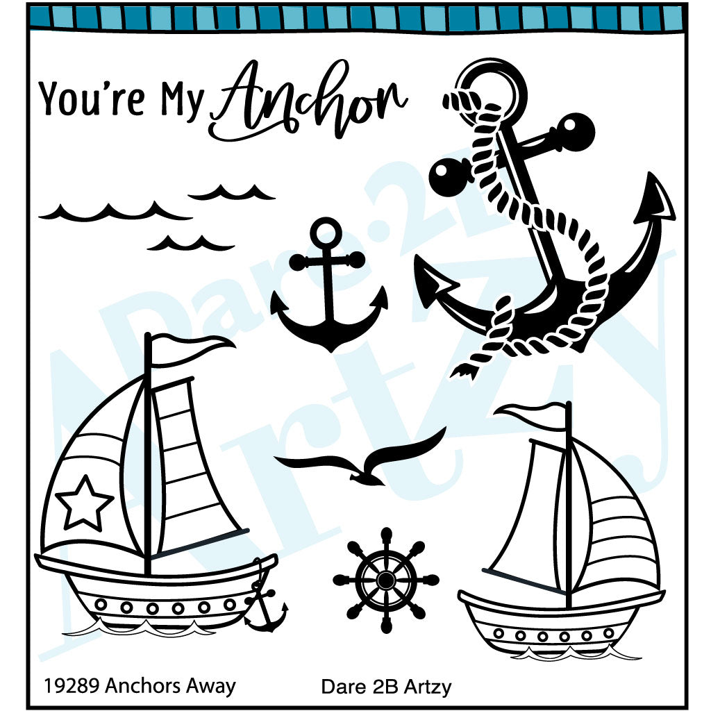 Stamp set including two different sail boats and a nautical theme to create handmade cards.  Coordinates with the die cut "Anchors Away" by Dare 2B Artzy.