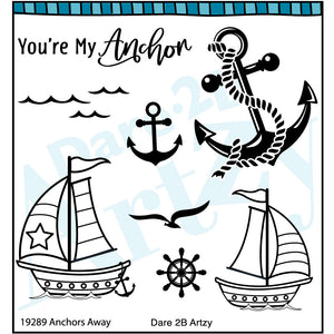 Stamp set including two different sail boats and a nautical theme to create handmade cards. Coordinates with the die cut "Anchors Away" by Dare 2B Artzy.