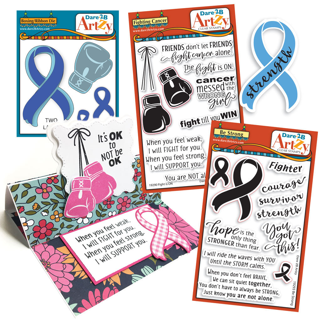 Collection of two stamp sets and a die cut for card making and scrapbooking for encouragement to those who are fighting cancer.