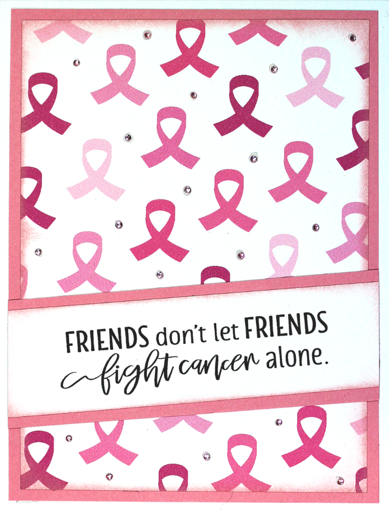 Homemade card with boxing gloves and sentiment, "Friends don't let friends fight cancer alone" using the stamp set, "Fight Cancer" from Dare 2B Artzy.