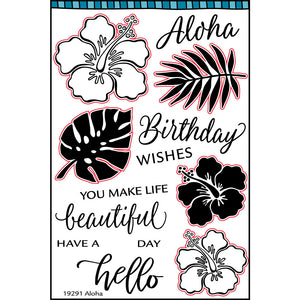 Clear stamp for card making and scrapbooking with a tropical vibe with hibiscus flowers and palm leaves with sentiments including, "Aloha", "hello" and "birthday wishes". 