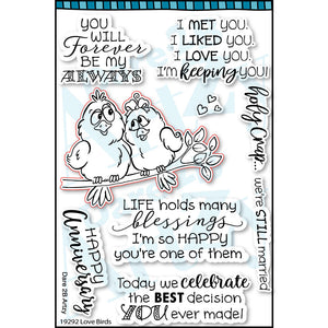 Clear stamp set for card making and scrapbooking with two love birds sitting on a branch with sentiments for anniversaries or love cards. Coordinates with the die cut, "Love Birds" from Dare 2B Artzy.