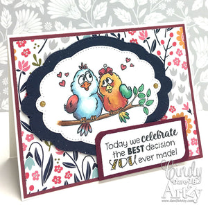 Handmade card with two love birds sitting on a branch for an anniversary card. Using stamp set, "Love Birds" from Dare 2B Artzy.