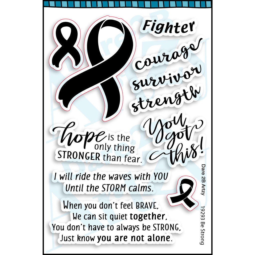 Stamp set for card making and scrapbooking with three different sizes of cancer ribbons with sentiments of encouragement to those who are fighting cancer. 