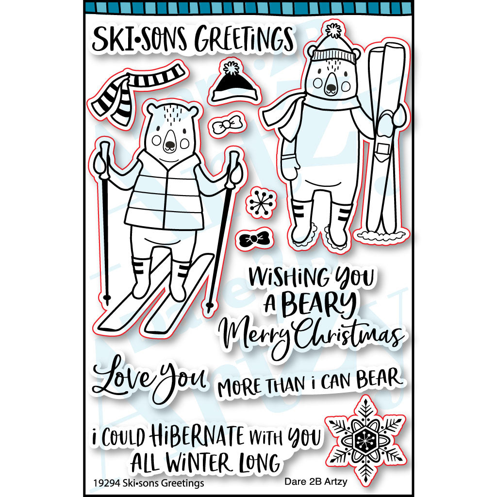 Clear stamp set with a pair of skiing bears and warm winter sentiments.  Some sentiments include, "Wishing you a beary merry Christmas" and "Ski-sons Greetings".  Coordinates with the die cut, "Skisons Greetings" from Dare 2B Artzy.
