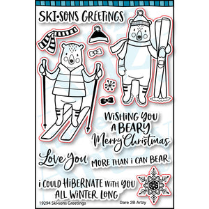Clear stamp set with a pair of skiing bears and warm winter sentiments. Some sentiments include, "Wishing you a beary merry Christmas" and "Ski-sons Greetings". Coordinates with the die cut, "Skisons Greetings" from Dare 2B Artzy.