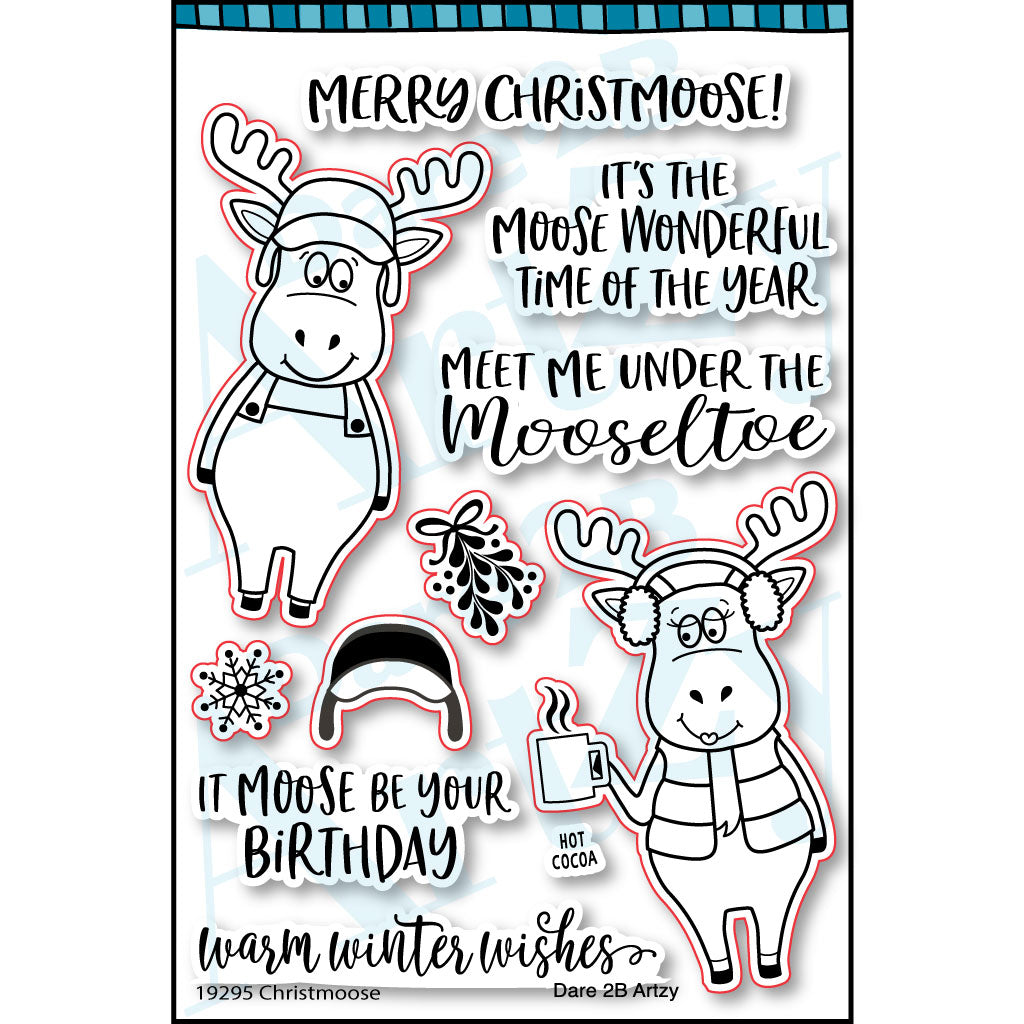 Clear stamp set with two moose and a variety of sentiments from Christmas to birthday wishes. Coordinates with the dies cut, "Christmoose" from Dare 2B Artzy.