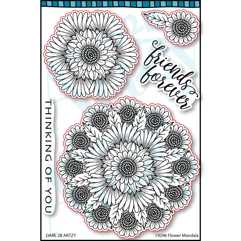 Clear stamp set with two different sized mandalas with sentiments for friendship and thinking of you.  Coordinates with the die cut, "Mandala" from Dare 2B Artzy.