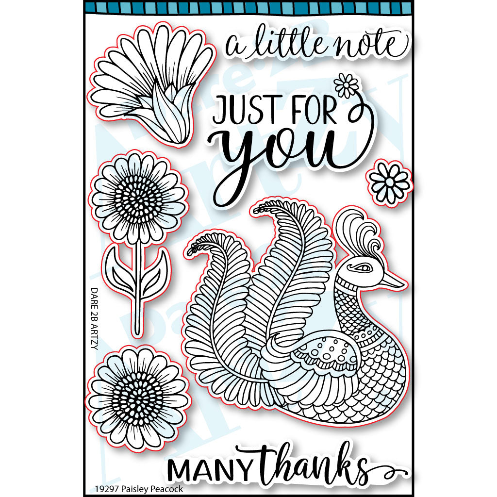 Clear stamp set used for card making and scrapbooking with a peacock and four different flowers. Sentiments include, "a little note" and "many thanks". Coordinates with the die cut, "Paisley Peacock" from Dare 2B Artzy.