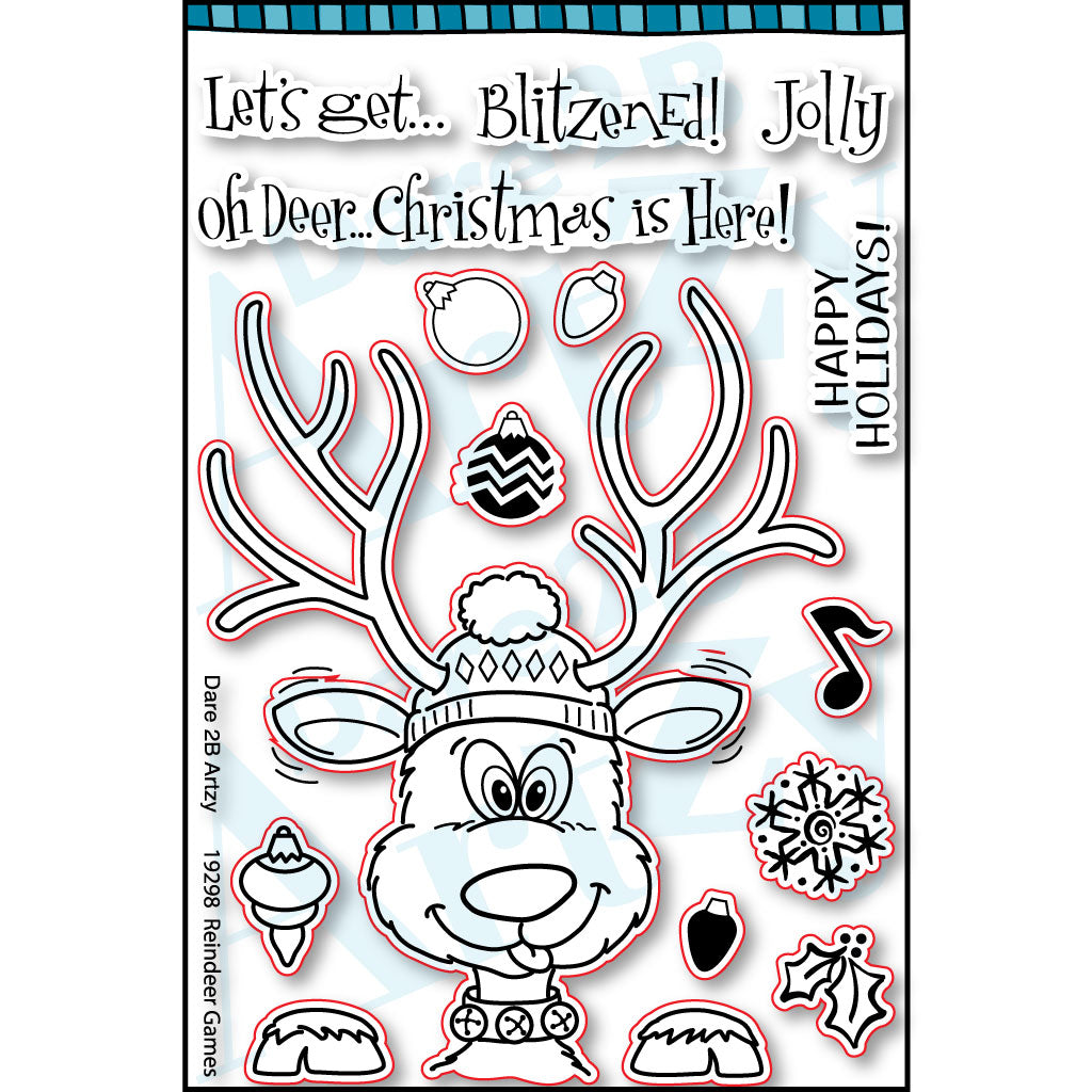 Clear stamp set with a silly reindeer and fun holiday sayings such as, "Oh deer...Christmas is here" and "Let's get...Blitzened".  Coordinates with the die cut, "Reindeer Games" from Dare 2B Artzy.