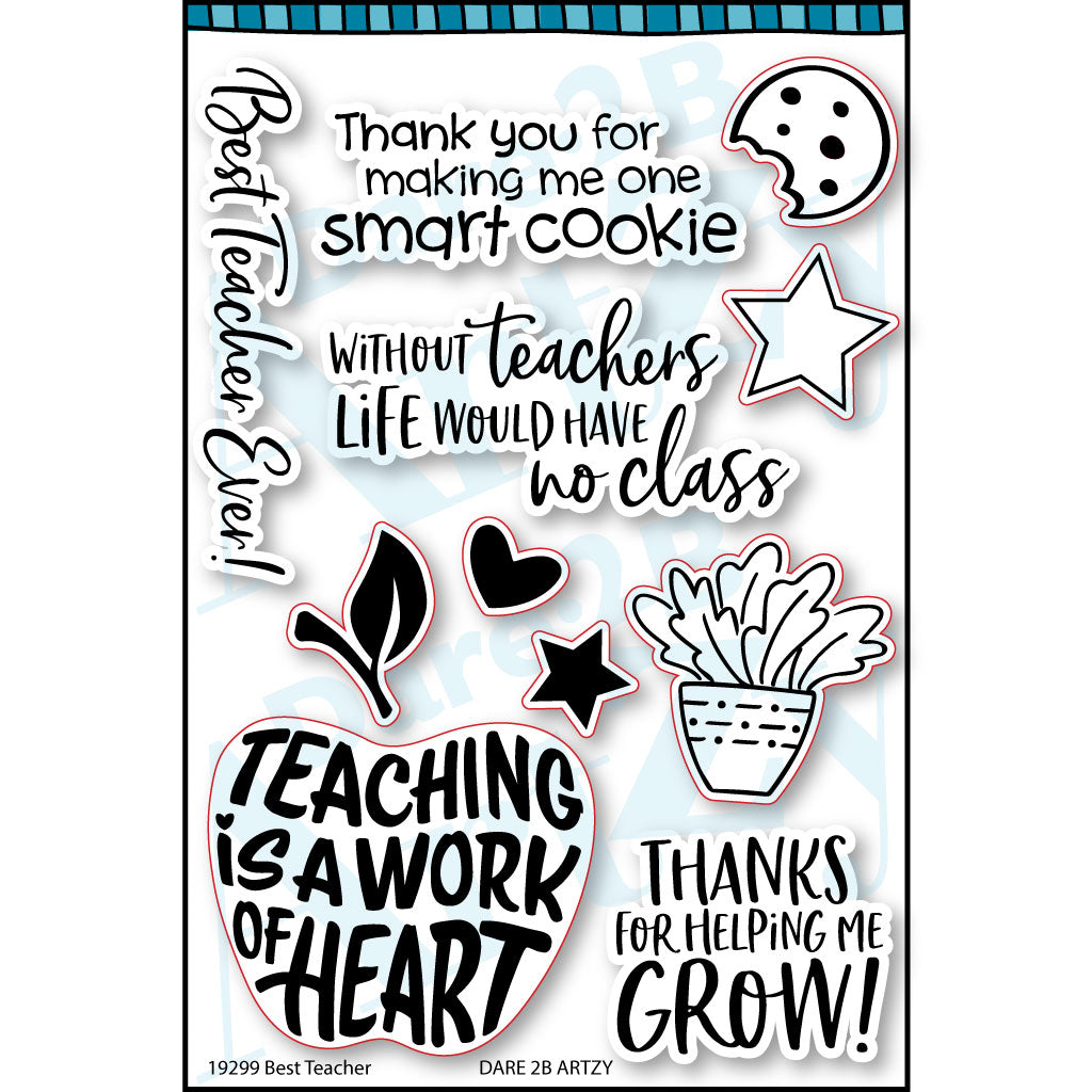 Clear stamp set with an image of an apple and other small stamps that are perfect for cards to thank the teachers in your life.  Sentiments include, "Thanks for helping me grow" and "Best teacher ever".  Coordinates with the die cut, "Teacher" from Dare 2B Artzy.
