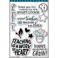 Clear stamp set with an image of an apple and other small stamps that are perfect for cards to thank the teachers in your life. Sentiments include, "Thanks for helping me grow" and "Best teacher ever". Coordinates with the die cut, "Teacher" from Dare 2B Artzy.