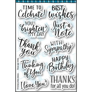 Clear stamp set with a variety of sentiments to send well wishes to anyone in your life. Some sentiments include, "You brighten my day" and "Thinking of you". Coordinates with the die cut, "Leaf Background" from Dare 2B Artzy.
