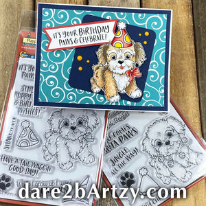 Handmade card with a puppy dog with the birthday sentiments, "It's your birthday paws & celebrate". Uses stamp set, "Puppy Kisses" from Dare 2B Artzy.