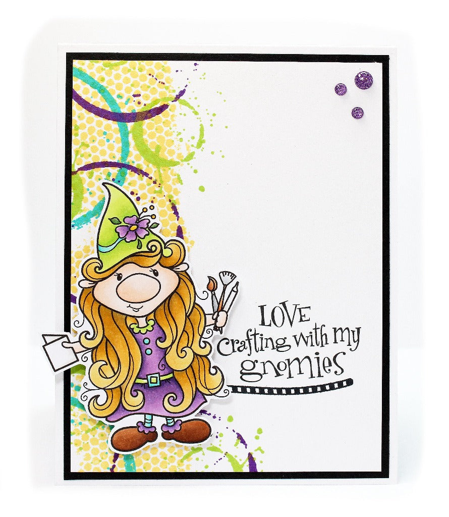 Handmade card with a crafting gnome and the sentiment "Love crafting with my gnomies". Stamp set used, "Crafting Gnome" from Dare 2B Artzy.