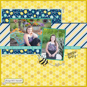 Handmade scrapbook layout with a bee theme with bright yellow paper.  Uses stamp set and die cut, "Buzzy Beez" from Dare 2B Artzy.