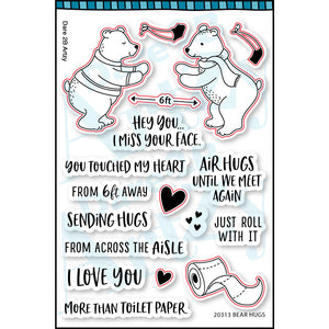Clear stamp set with two bears reaching for hugs and sentiments that relate to being socially distanced.  Sentiments include, "Air hugs until we meet again" and "Sending hugs from 6ft away".  Coordinates with the die cut, "Bear hug" from Dare 2B Artzy.