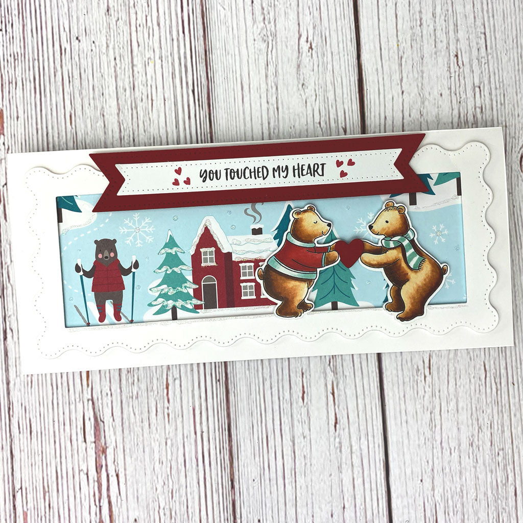 Handmade holiday card with two bears reaching for a hug with a heart between them.  Die cut and stamps, "Bear Hugs" from Dare 2B Artzy. 