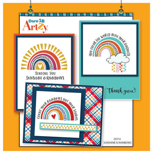 Three homemade card samples with colorful rainbows and encouraging sentiments.  Uses the stamp set, "Sunshine and Rainbows" from Dare 2B Artzy.   