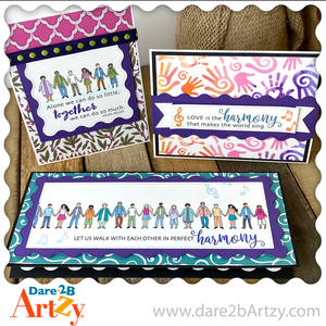 Three handmade cards about standing together in harmony.  Images include people standing in a line holding hands and music notes.  Uses stamp set, "Harmony" from Dare 2B Artzy.
