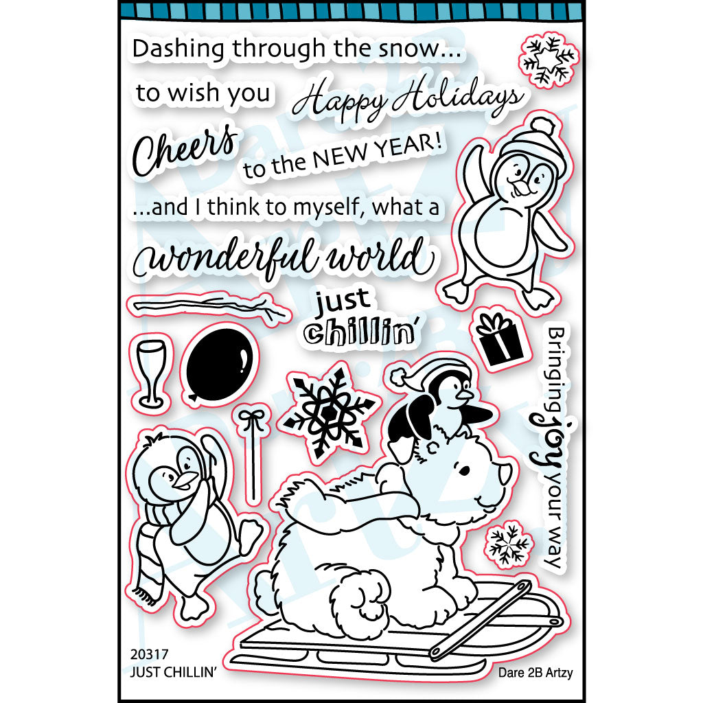 Clear stamp set with a polar bear and other winter friends and fun holiday sentiments.  Sentiments include, "Bringing joy your way" and "Dashing through the snow".  Coordinates with the die cut, "Just Chillin'" from Dare 2B Artzy. 
