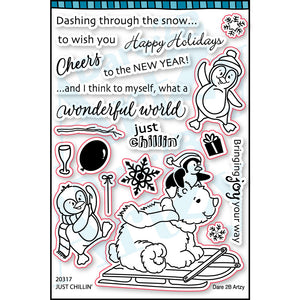 Clear stamp set with a polar bear and other winter friends and fun holiday sentiments.  Sentiments include, "Bringing joy your way" and "Dashing through the snow".  Coordinates with the die cut, "Just Chillin'" from Dare 2B Artzy. 