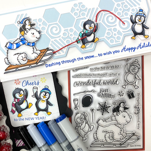 Handmade card samples of the stamp and die cut, "Just Chillin'" from Dare 2B artzy.  Holiday cards with a polar bear and adorable penguins carrying a sled.