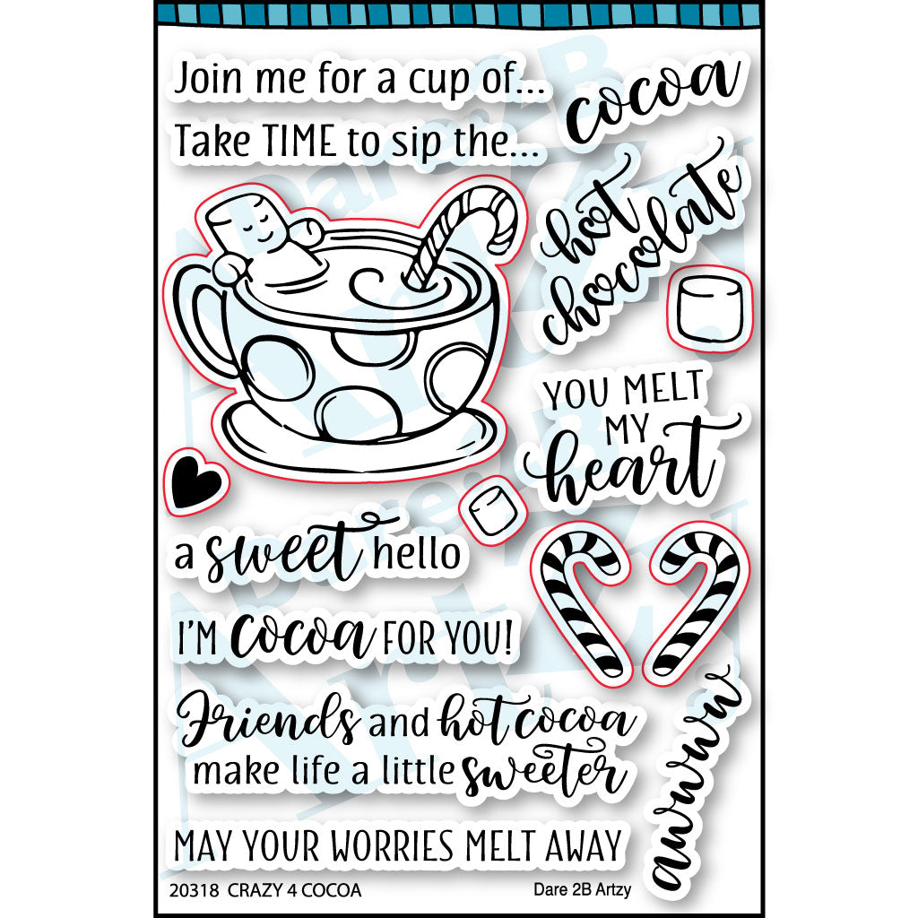 Clear Stamp with an image of a cup of hot chocolate and a marshmellow man floating inside, two candy canes, and marshmallows.  Sentiments include, "You melt my heart" and "Friends and hot cocoa make life a little sweeter" from Dare 2B Artzy.