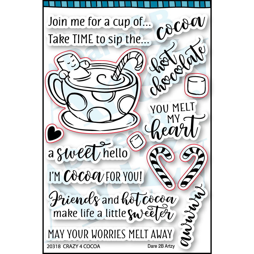 Clear Stamp with an image of a cup of hot chocolate and a marshmellow man floating inside, two candy canes, and marshmallows. Sentiments include, "You melt my heart" and "Friends and hot cocoa make life a little sweeter" from Dare 2B Artzy.