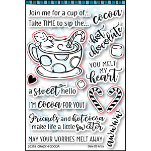 Clear Stamp with an image of a cup of hot chocolate and a marshmellow man floating inside, two candy canes, and marshmallows. Sentiments include, "You melt my heart" and "Friends and hot cocoa make life a little sweeter" from Dare 2B Artzy.