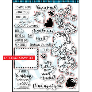 Clear stamp set with a strawberry vine and various images of strawberries to layer together.  Sentiments include, "Happy birthday to my sweet friend" and "A sweet friendship refreshes the soul".  Coordinates with the die, "Strawberry Vine" from Dare 2B Artzy.